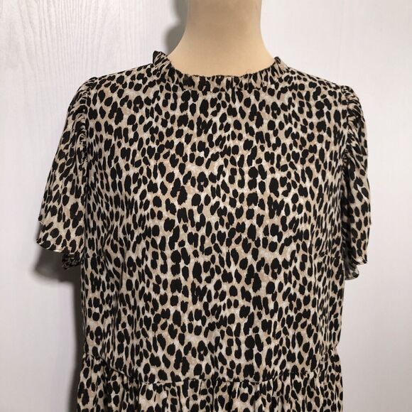 Loft Dress Womens XL Brown Black Leopard Print Babydoll Ruffle Flutter Sleeve - Picture 3 of 16